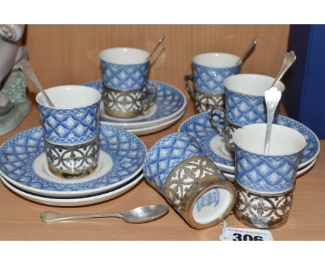 A GROUP OF SIX SILVER MOUNTED SPODE COFFEE CANS AND SAUCERS in Spode's 'Geranium' pattern comprising six coffee cans with sil