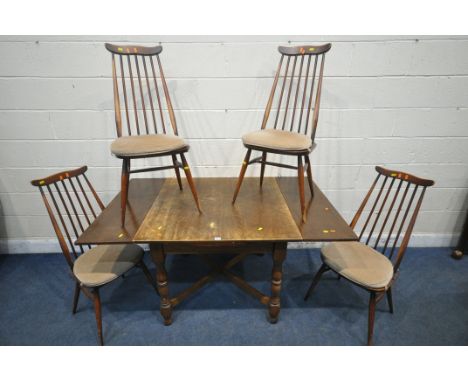 A 20TH CENTURY OAK DRAW LEAF TABLE, raised on turned legs, united by a cross stretcher, open width 153cm x 92cm squared x hei