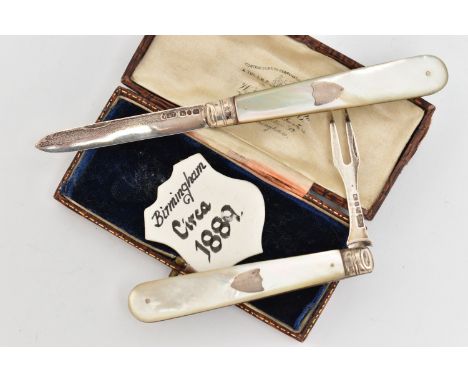 A VICTORIAN FRUIT KNIFE AND FORK, a silver fruit knife with mother of pearl handle, hallmarked 'Hilliard &amp; Thomason' Birm