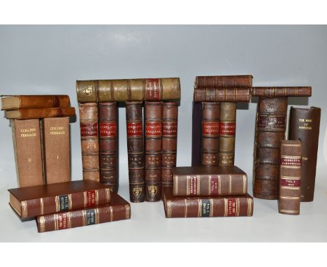 ONE BOX OF LEATHER-BOUND ANTIQUARIAN BOOKS ON GENEALOGY, comprising eight vols. of Complete Peerage Of England, Scotland, Ire