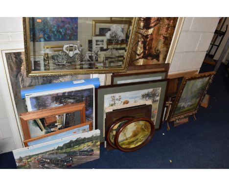 A SMALL QUANTITY OF PICTURES, to include a fire screen with a Gerhard Nesvadba print of a family of swans, approximate height