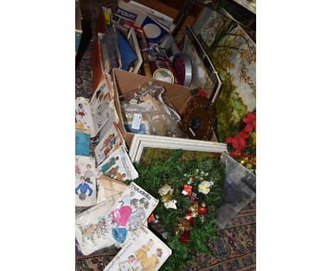 THREE BOXES OF VINTAGE MISCELLANEOUS ITEMS AND TWO OIL ON CANVAS LANDSCAPE PAINTINGS to include a group of vintage sewing pat