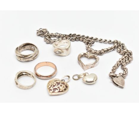 EIGHT PIECES OF WHITE METAL JEWELLERY, to include a white metal belcher style chain with heart padlock clasp signed 'Gucci Ma