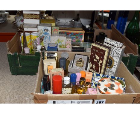 TWO BOXES OF PERFUMES AND TOILETRIES, many vintage, to include perfume bottles (some with partial contents, some empty) inclu