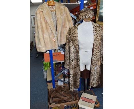 A BOX AND LOOSE FUR COATS AND JACKETS, comprising a spotted fur coat with matching hat, coat from Browns of Chester, approxim