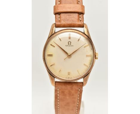 A GENTS 9CT GOLD 'OMEGA' WRISTWATCH, manual wind, round silvered dial signed 'Omega', baton markers, gold tone hands, within 