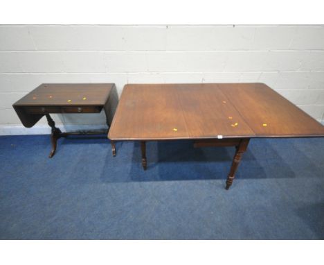 AN EARLY 20TH CENTURY MAHOGANY DROP LEAF TABLE, open width 169cm x closed width 53cm x depth 103cm x height 74cm, along with 