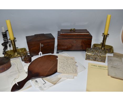 A BOX AND LOOSE METALWARE, TREEN AND EPHEMERA, to include two tea caddies: one of sarcophagus form with key and internal cove