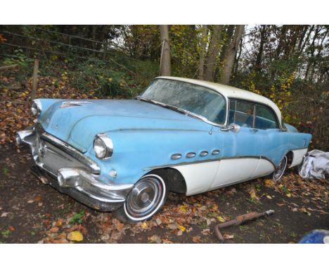 A 1956 BUICK RIVIERA FOUR DOOR COUPE CAR, in blue and white with matching vinyl interior, a 6000cc V8 petrol engine, column s