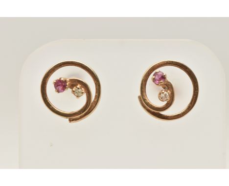 A PAIR OF 9CT GOLD RUBY AND DIAMOND STUD EARRINGS, each of circular outline with central circular cut ruby and single cut dia