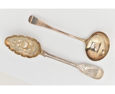 TWO SILVER SPOONS, the first a berry spoon embossed detail to the bowl with a fiddle pattern handle, hallmarked 'William Eato