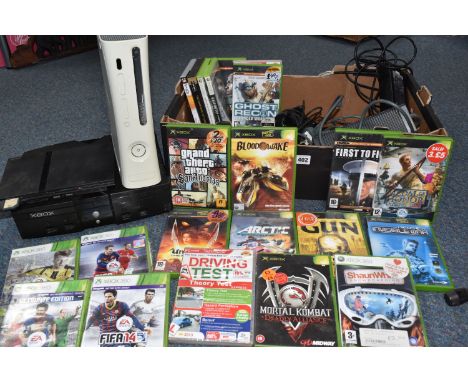 A BOX OF VIDEO GAMES AND CONSOLES, includes a PS2, an original Xbox and an Xbox 360, games include (but are not limited to) C