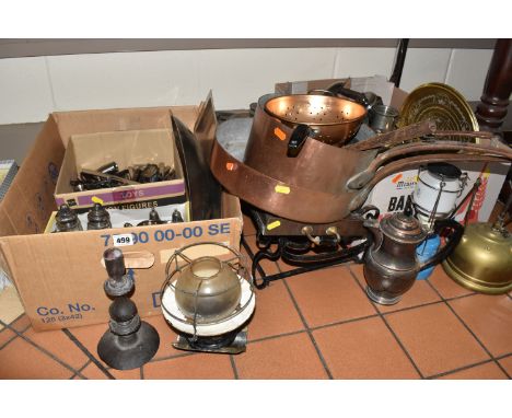 TWO BOXES AND LOOSE METALWARE, to include two lined copper saucepans and a matching frying pan, frying pan diameter 32cm, lar