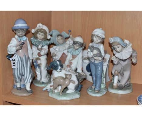 A GROUP OF EIGHT NAO FIGURINES AND ONE LLADRO FIGURE to include a Lladro figure No. 5928 'Jazz Clarinet' designed by Antonio 