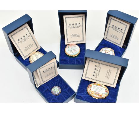 FIVE CASED 'HALCYON DAYS' TRINKET BOXES, five cased enamel boxes, unused condition