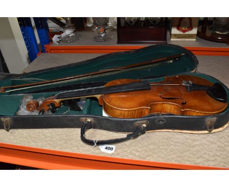 A VINTAGE CASED VIOLIN, a double backed violin without a makers mark, a bow with mother of pearl inlay, in a hardshell case (