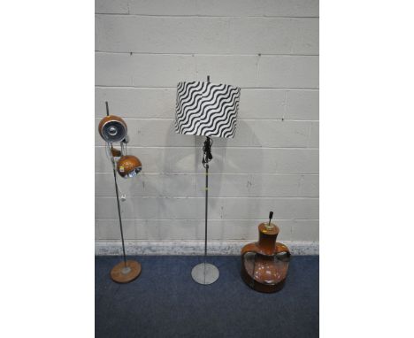 A MID-CENTURY GUZZINI STYLE FLOOR LAMP, with two adjustable lights, 146cm, along with a glazed pottery table lamp and a moder