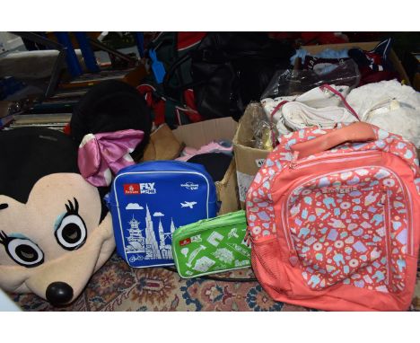 FOUR BOXES OF MISCELLANEOUS ITEMS, to include a selection of rucksacks, names include Cotton Traders, Karrimor, Kipling, Leic