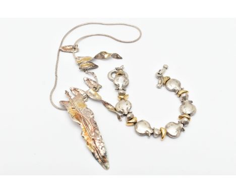 A NECKLACE AND BRACELET, the necklace designed as abstract leaf panels suspended from a snake chain, stamped 925, the bracele