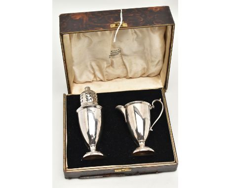 A GEORGE V CASED MILK JUG AND SUGAR CASTER SET, plain polished design with C scroll handle, hallmarked 'Adie Brothers Ltd' Bi