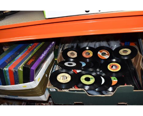 FOUR BOXES OF VINTAGE RECORDS to include two boxes of 45 RPM singles comprising hundreds of singles to include Louis Armstron