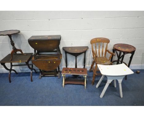 A SELECTION OF OCCASIONAL FURNITURE, to include two oak drop leaf tables, a Thonet style high stool, a child's high chair, a 