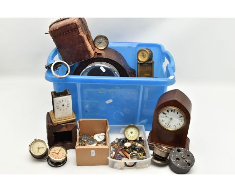 A BOX OF ASSORTED CLOCK AND WATCH PARTS, to include a selection of wristwatches and pocket watches, names to include Ingersol