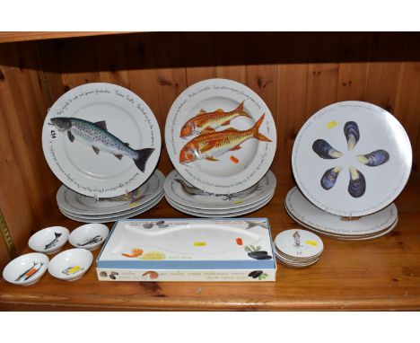 A GROUP OF RICHARD BRAMBLE ILLUSTRATED JERSEY POTTERY DINNERWARE AND SIMILAR STYLE TABLE WARE comprising four wide rimmed bow