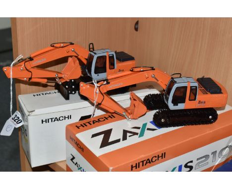 TWO BOXED DIECAST HITACHI EXCAVATORS, comprising Zaxis 210 and Zaxis 160W, both 1/40 scale models, with moving wheels/tracks 