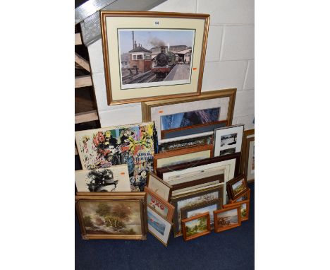 A QUANTITY OF PICTURES AND PRINTS ETC, to include two late 20th century landscape oils on canvas, two rugby themed prints, a 