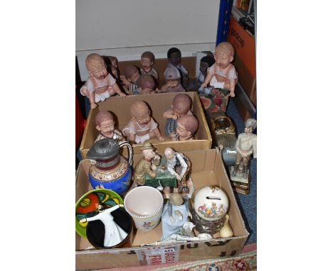 THREE BOXES AND LOOSE DECORATIVE FIGURES AND ORNAMENTS to include a Royal Doulton 'Bunnykins' money box, a Nao figure of a se