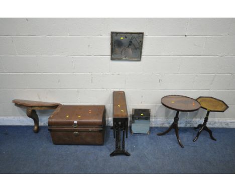 A METAL TRAVELING TRUNK, a Sutherland table, two wine tables, two mirrors, and a side table (condition report: all with gener