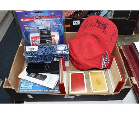 A BOX OF FORMULA 1 INTEREST AND MISCELLANEOUS ITEMS, included two team Stewart Grand Prix signed red caps with sponsor name e