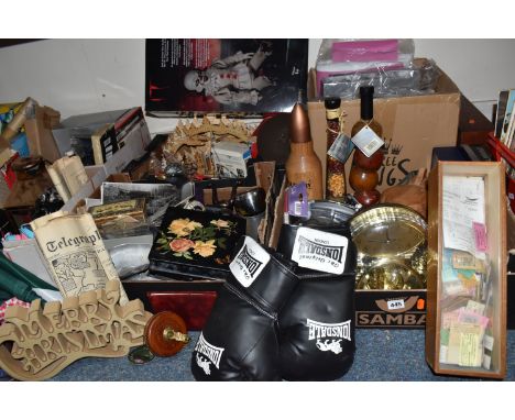 SIX BOXES AND LOOSE MISCELLANEOUS ITEMS to include a Leicester Tigers autograph book from players from the 1990s early 2000s 