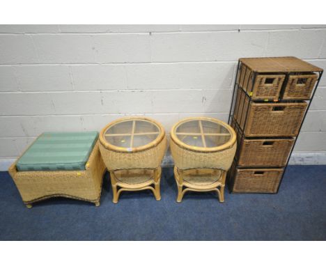 A PAIR OF CIRCULAR RATTAN SIDE TABLES, with glass inserts, diameter 55cm x height 60cm, a footstool, and a wrought iron frame