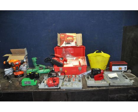 A COLLECTION OF POWER TOOLS AND ACCESSORIES including Power Devil sander, jigsaw and cordless drill, a Black and Decker cordl