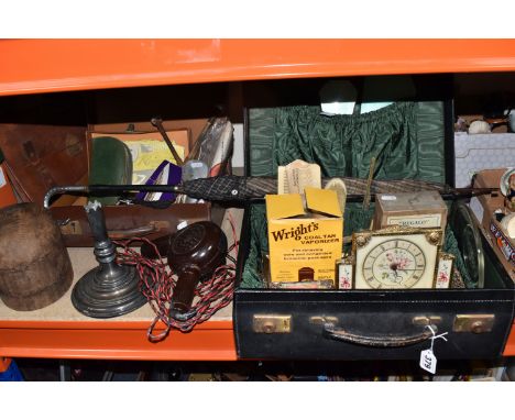 TWO SUITCASES AND LOOSE SUNDRY VINTAGE ITEMS, to include a plated candlestick, a Bestfrend vintage hairdresser, a wooden hat 