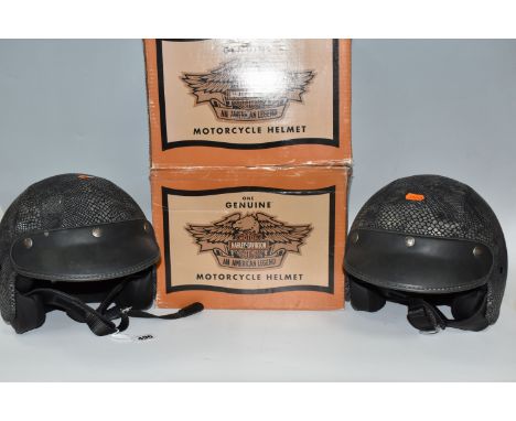 TWO BOXED HARLEY-DAVIDSON MOTORCYCLE HELMETS, with python-effect outer, serial no BS-6658:1985, size small (2 + 2 boxes) (Con