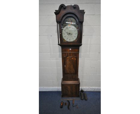 A 19TH CENTURY MAHOGANY EIGHT DAY LONGCASE CLOCK, with twin swan neck pediment, twin Corinthian style pillar supports, flanki