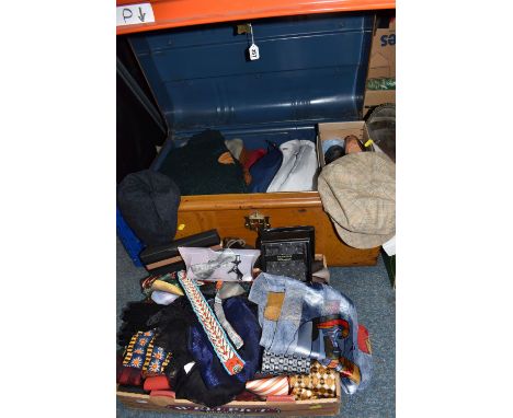 A CHEST AND TRAY OF VINTAGE CLOTHES AND ACCESSORIES to include a large quantity of ties from high street retailers, a boxes M