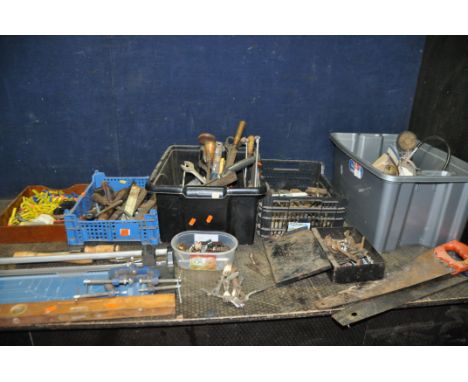 FIVE TRAYS CONTAINING HAND TOOLS including Draper clamps, files, rasps, gouges, chisels, hammers, mallets, saws, a spirit lev