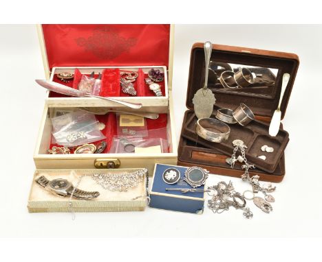 A SELECTION OF SILVER, COSTUME JEWELLERY AND JEWELLERY BOXES, to include a silver hinged bangle with floral design, fitted wi