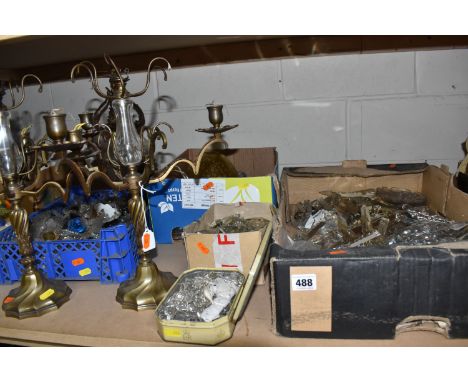 TWO BOXES AND LOOSE LUSTRES, TWO CANDELABRA, ETC to include a large quantity of clear chandelier lustres and drops of assorte