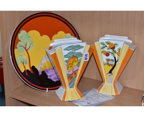 TWO LIMITED EDITION WEDGWOOD BRADFORD EXCHANGE SUNRAY 'CLARICE CLIFF' VASES, comprising  'Orange Roof Cottage' number 991 wit