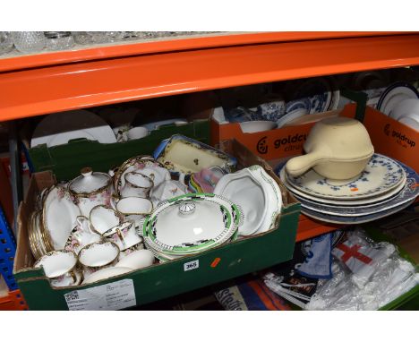 FIVE BOXES AND LOOSE CERAMICS, to include a collection of blue and white ceramics including Minton Danish, Bisto Ilam, variou