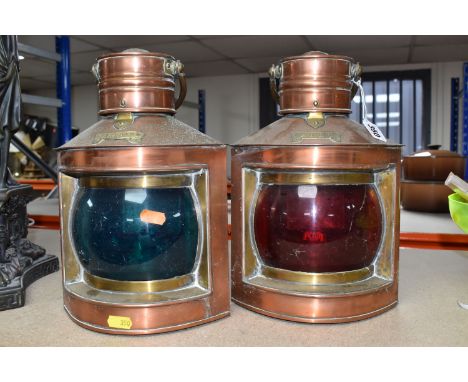A PAIR OF COPPER DAVEY &amp; CO LTD 'PORT' AND 'STARBOARD' SHIP LANTERNS comprising two lanterns fitted with green and red gl