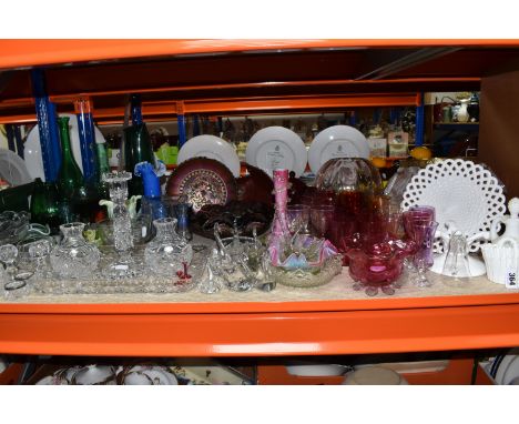 A COLLECTION OF COLOURED AND DECORATIVE GLASS WARES, to include a nineteenth century pressed Vaseline glass milk jug and shal