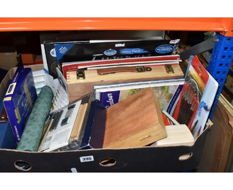 ONE BOX OF ART SUPPLIES AND A LOOSE FRAMED PICTURE to include a box of oil colours, three wooden cases to include a quantity 