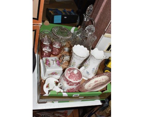 A BOX OF CERAMICS AND GLASS WARE, to include two Aynsley Wild Tudor vases, height of tallest 21cm, a Royal Albert Old Country