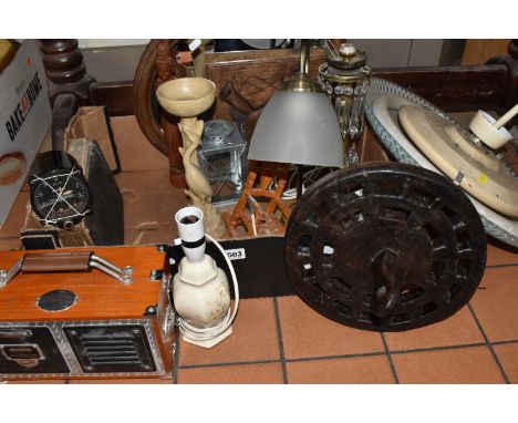 A BOX AND LOOSE LAMPS AND SUNDRY ITEMS, to include three table lamps, a Spirit of St Louis radio alarm clock, a wooden framed